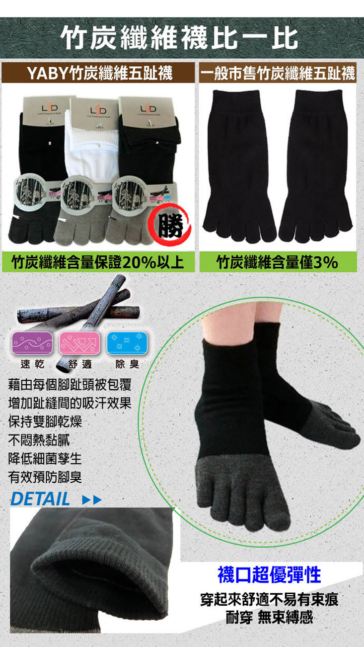 台灣製竹炭抗菌五趾襪 黑/白/灰