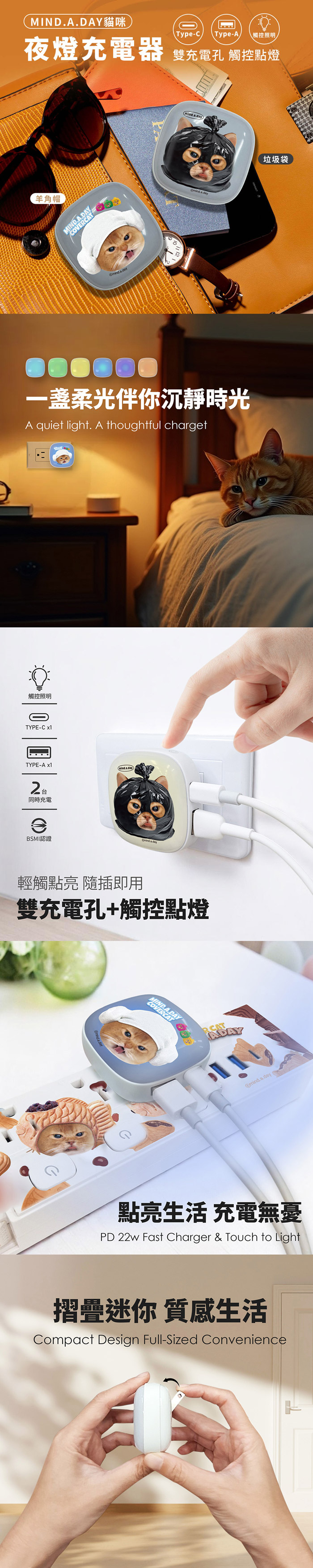 【正版授權】Mind.A.Day貓咪 22W小燈泡充電器/充電頭