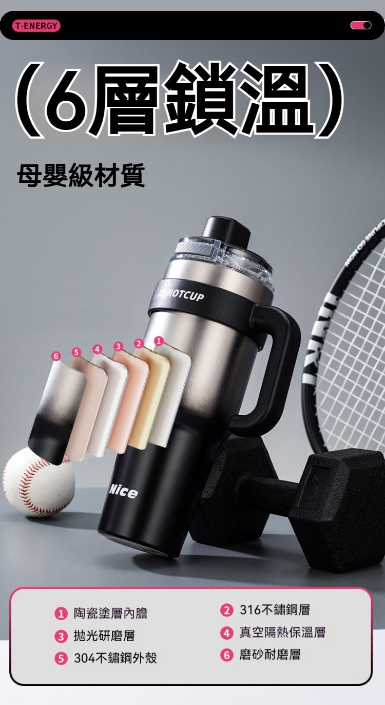 大容量陶瓷塗層冰霸杯1250ml 手搖飲 保溫 保冷 手把