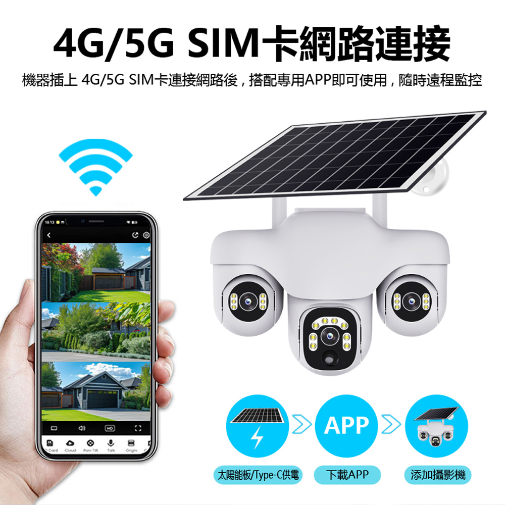 監控王 VTS31-4G 可插4G/5G-SIM卡連網太陽能板Type-C供電雙用帶夜視燈三鏡頭畫面360度旋轉球監視攝影機(雙向通話 可插TF卡)