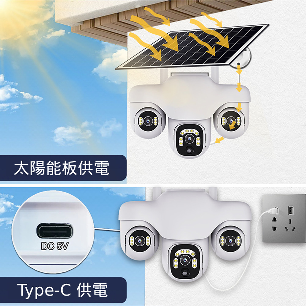 監控王 VTS31-4G 可插4G/5G-SIM卡連網太陽能板Type-C供電雙用帶夜視燈三鏡頭畫面360度旋轉球監視攝影機(雙向通話 可插TF卡)
