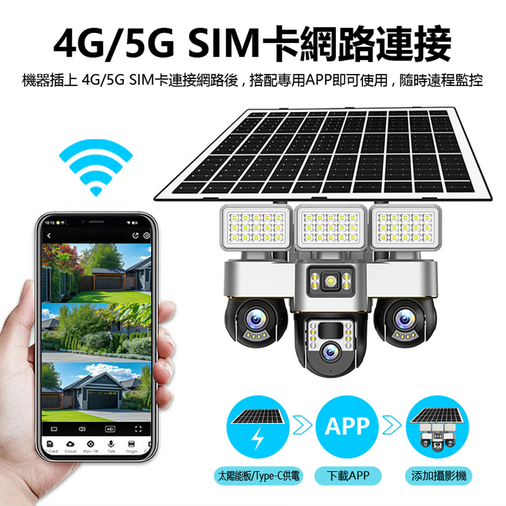 監控王 VTS30-4G 可插4G/5G-SIM卡連網太陽能板Type-C供電雙用帶夜視燈三鏡頭畫面360度旋轉球監視攝影機(雙向通話 可插TF卡)