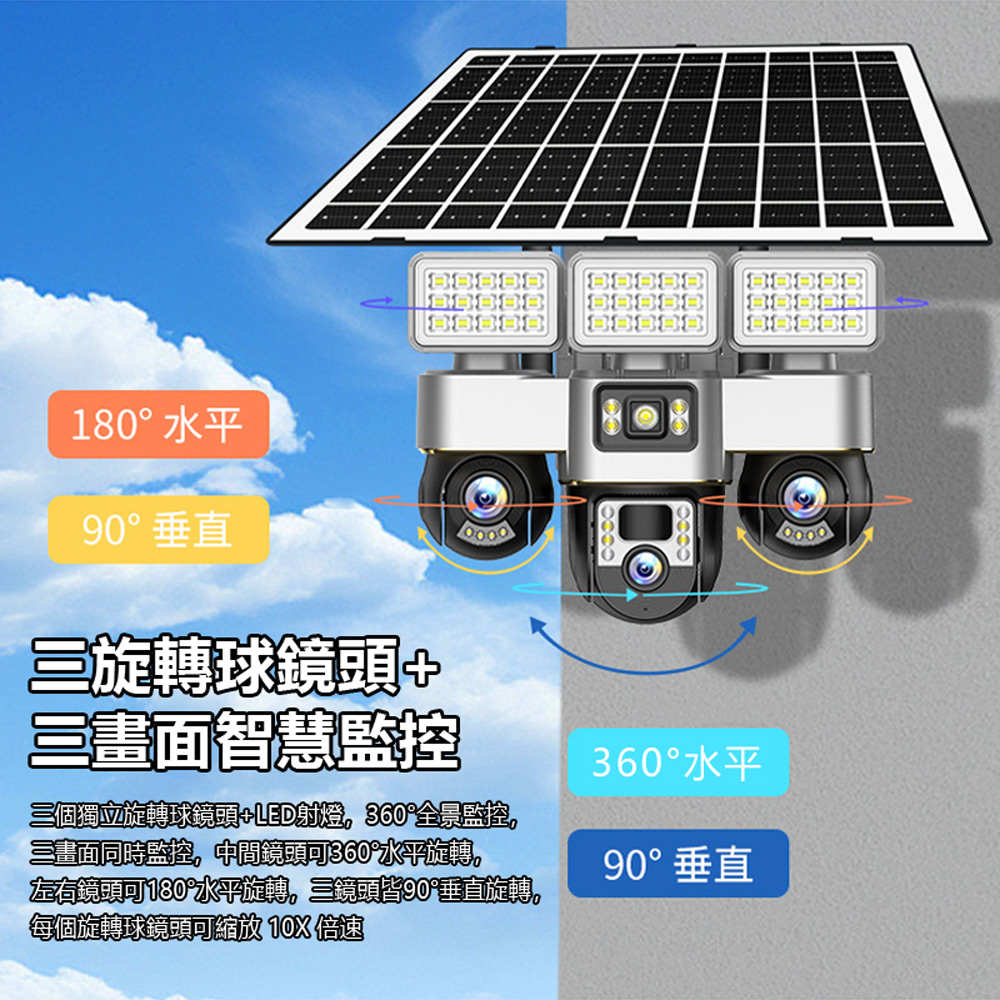 監控王 VTS30-4G 可插4G/5G-SIM卡連網太陽能板Type-C供電雙用帶夜視燈三鏡頭畫面360度旋轉球監視攝影機(雙向通話 可插TF卡)