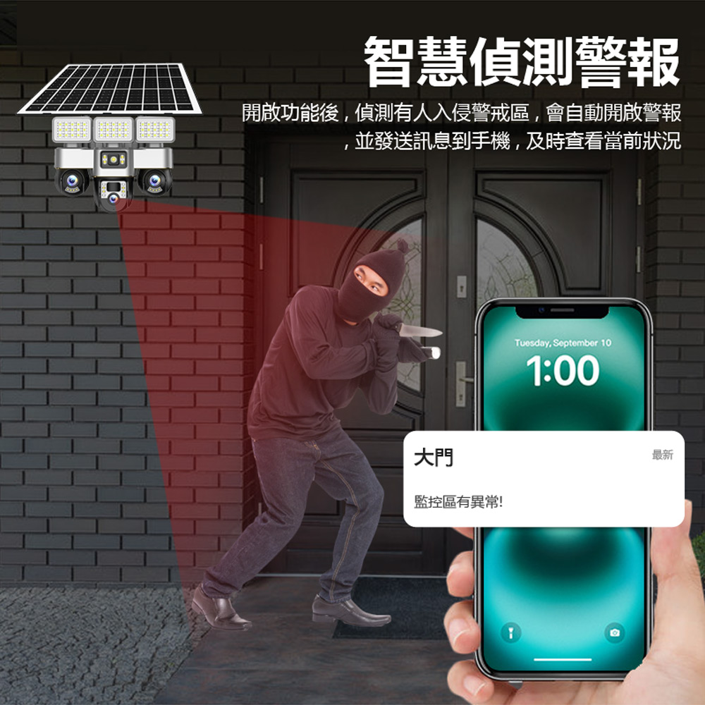 監控王 VTS30-4G 可插4G/5G-SIM卡連網太陽能板Type-C供電雙用帶夜視燈三鏡頭畫面360度旋轉球監視攝影機(雙向通話 可插TF卡)