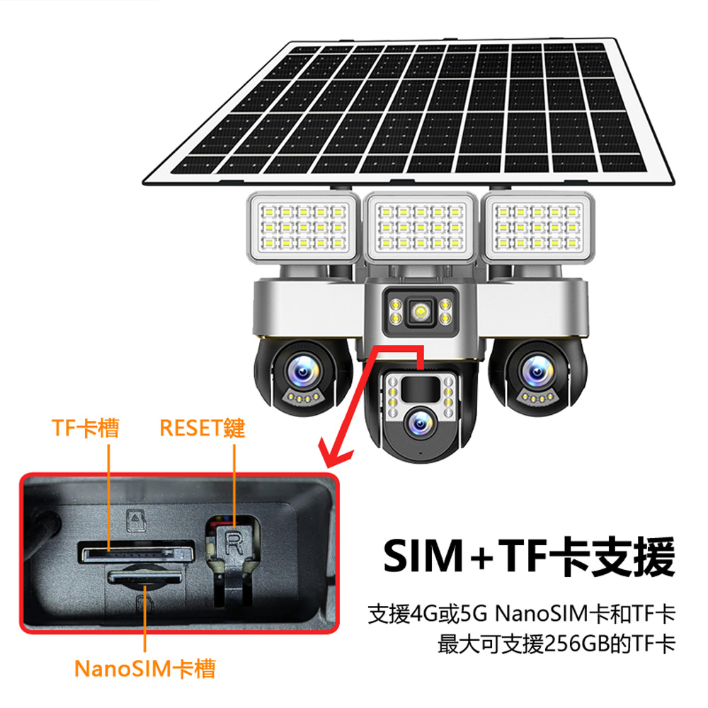 監控王 VTS30-4G 可插4G/5G-SIM卡連網太陽能板Type-C供電雙用帶夜視燈三鏡頭畫面360度旋轉球監視攝影機(雙向通話 可插TF卡)