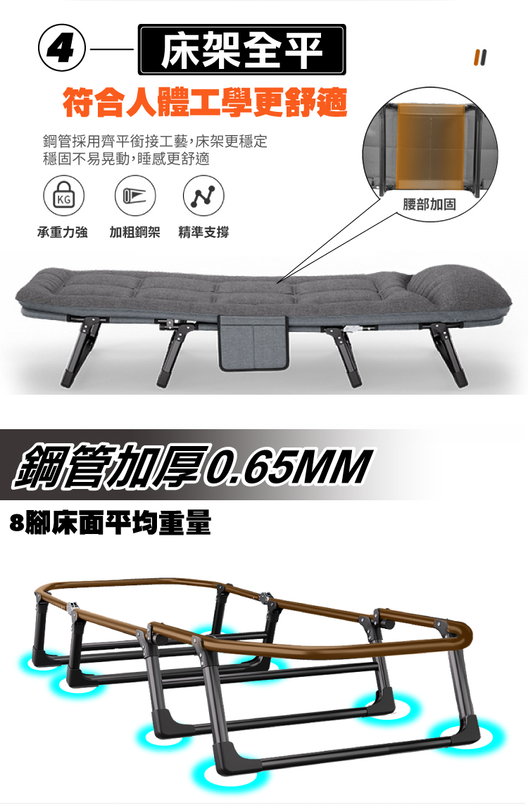 ANDYMAY2】小鋼炮8腳(免安裝)可攜帶辦公折疊床-6段-66寬-經典灰(OH-P101)