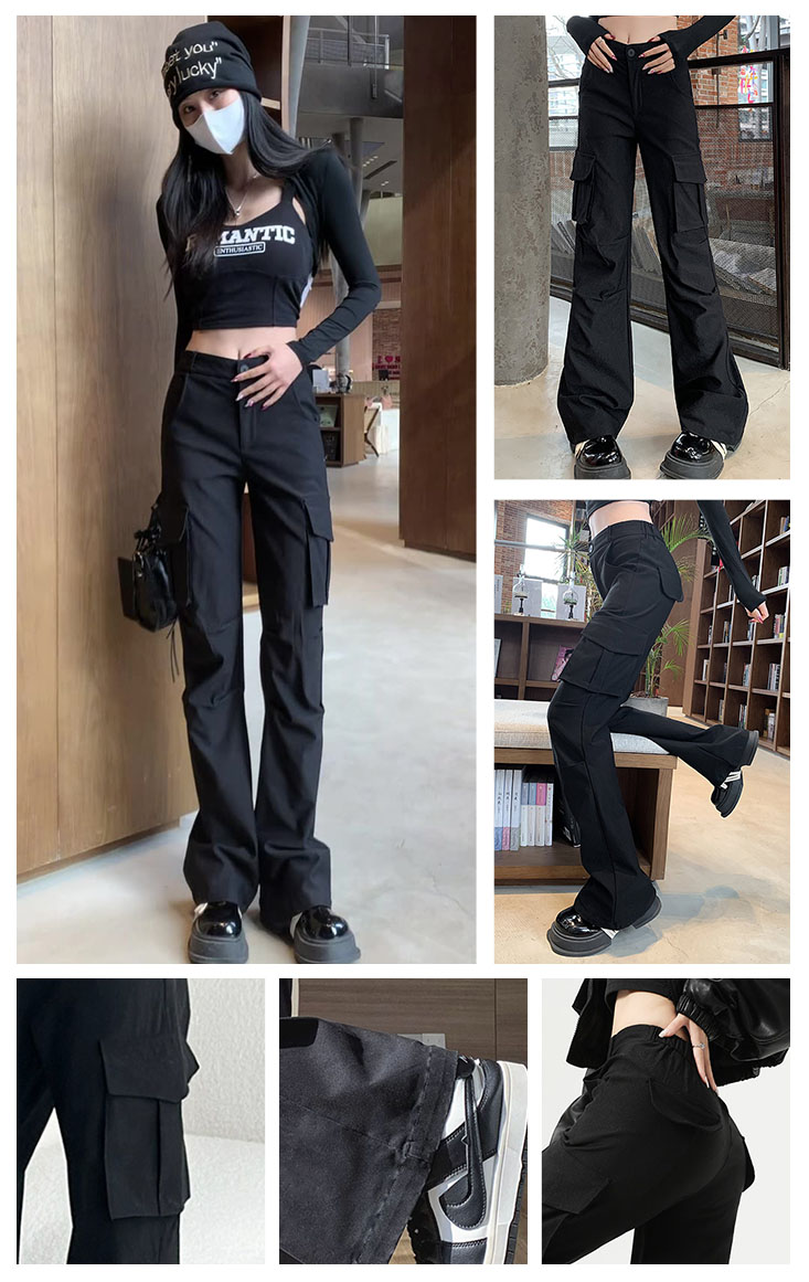 時尚復古風微喇叭工裝褲 輕薄軟款/春秋款 2色M-XL可選 工作褲 口袋褲 長褲