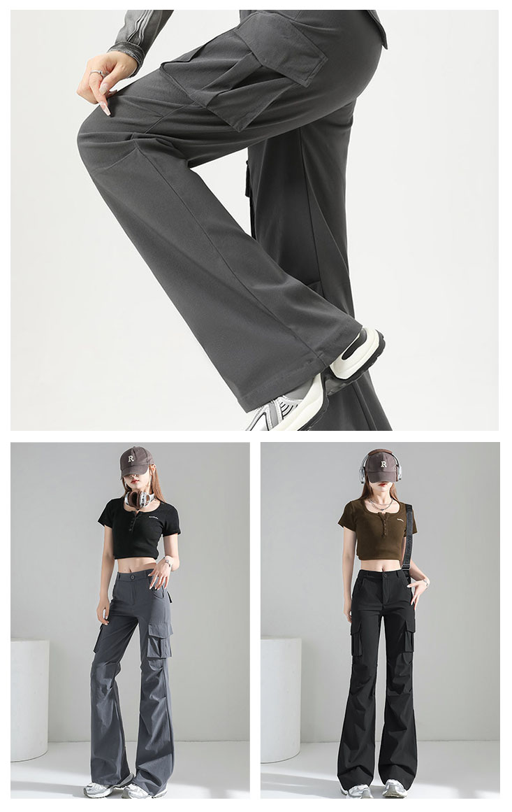 時尚復古風微喇叭工裝褲 輕薄軟款/春秋款 2色M-XL可選 工作褲 口袋褲 長褲
