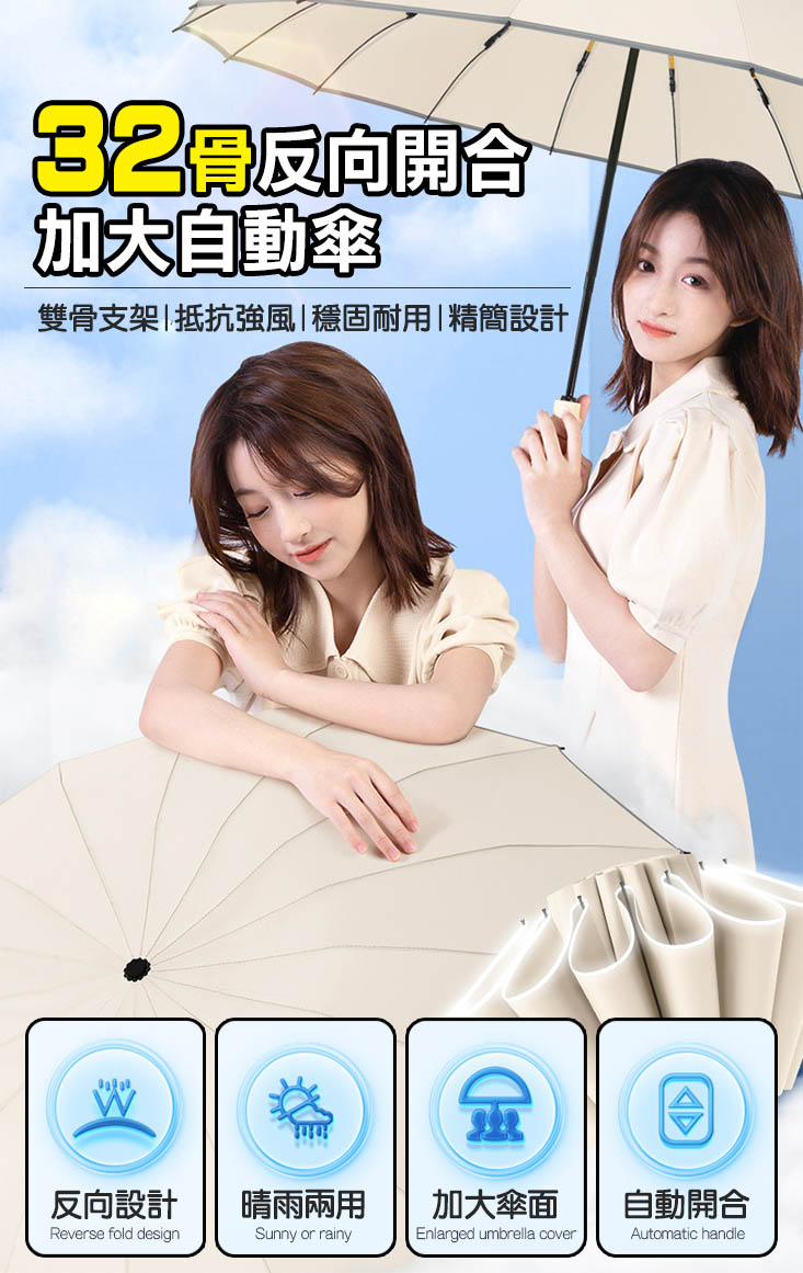 32骨抗風雨自動開合反向傘