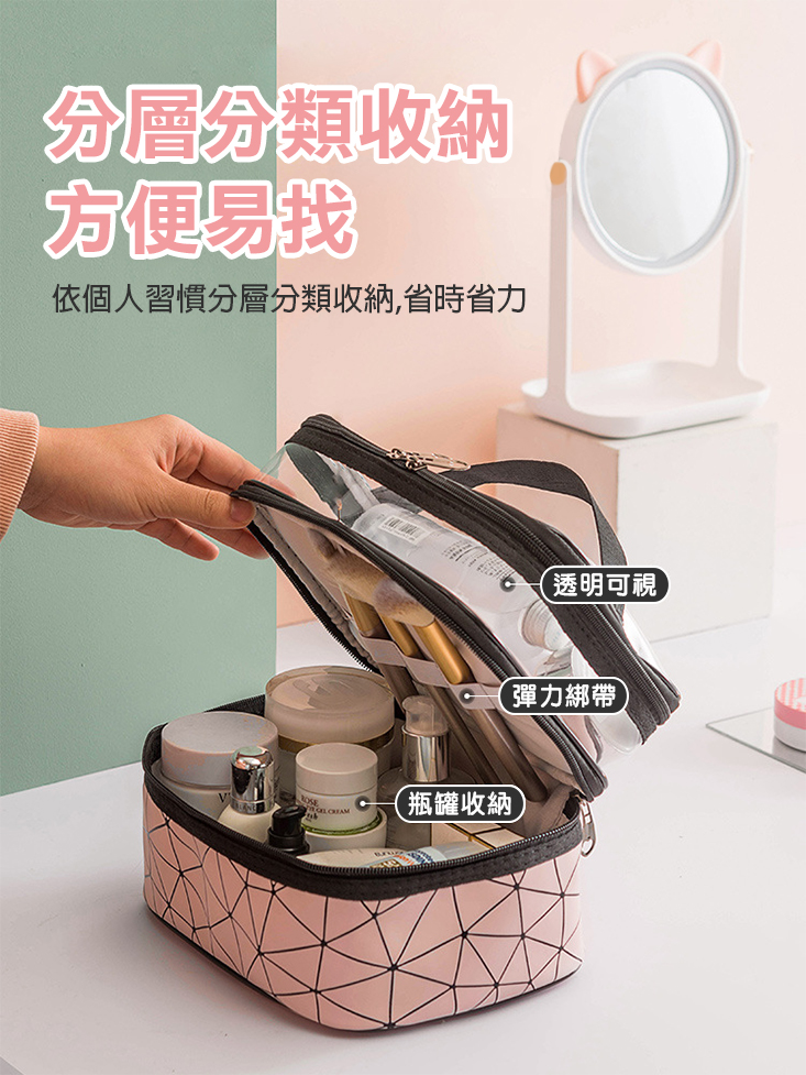 大容量雙層菱格紋收納化妝包