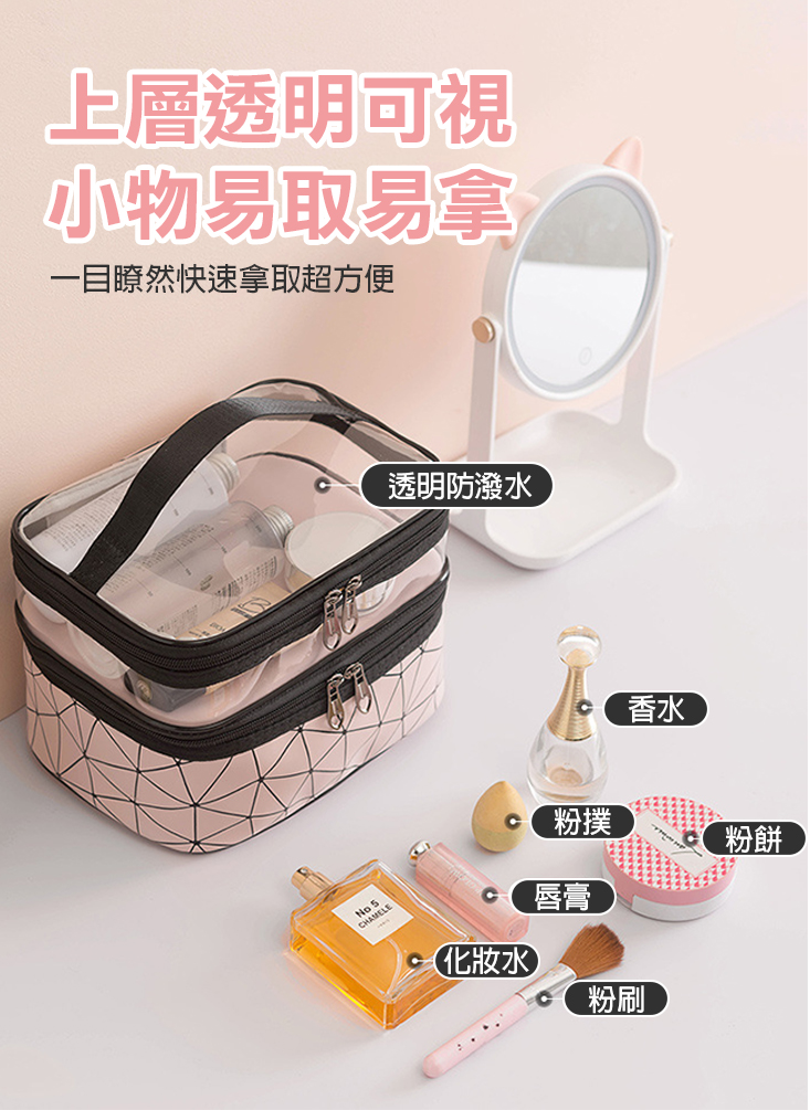 大容量雙層菱格紋收納化妝包