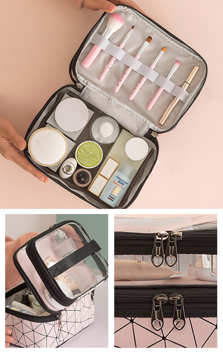 大容量雙層菱格紋收納化妝包