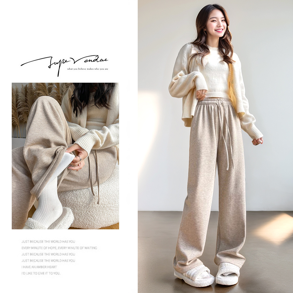 韓版保暖禦寒厚磅刷毛針織寬褲