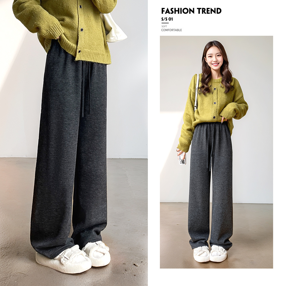 韓版保暖禦寒厚磅刷毛針織寬褲