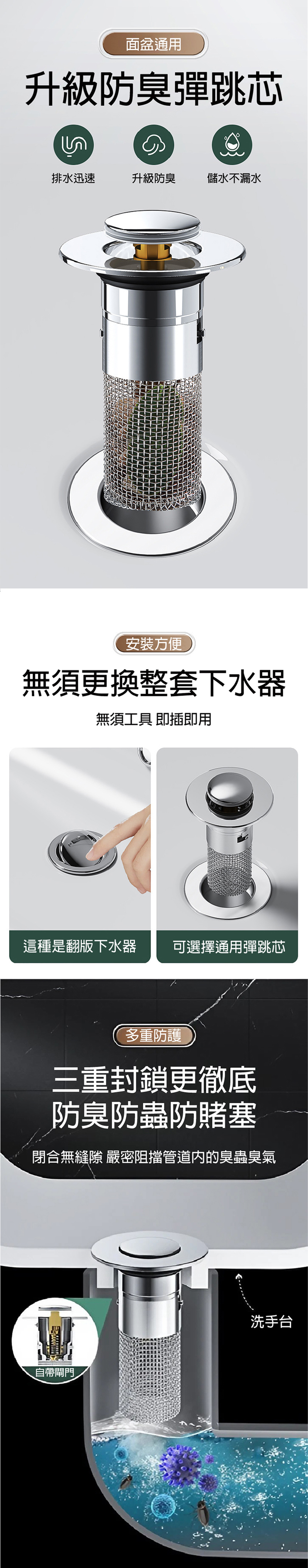 【APEX】升級按壓式面盆防臭防堵過濾彈跳芯