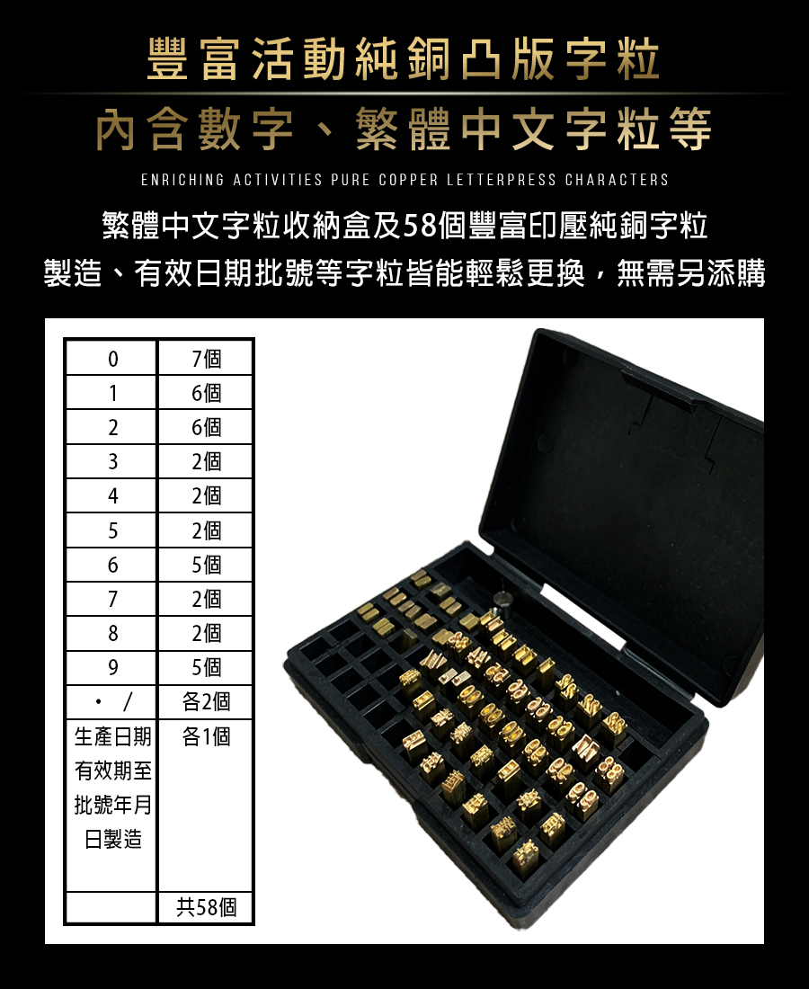 可調日期 標籤印字機 熱壓式 1-3排 最多置放14字 110V 繁體 純銅字粒 贈碳帶 打碼機 標籤機
