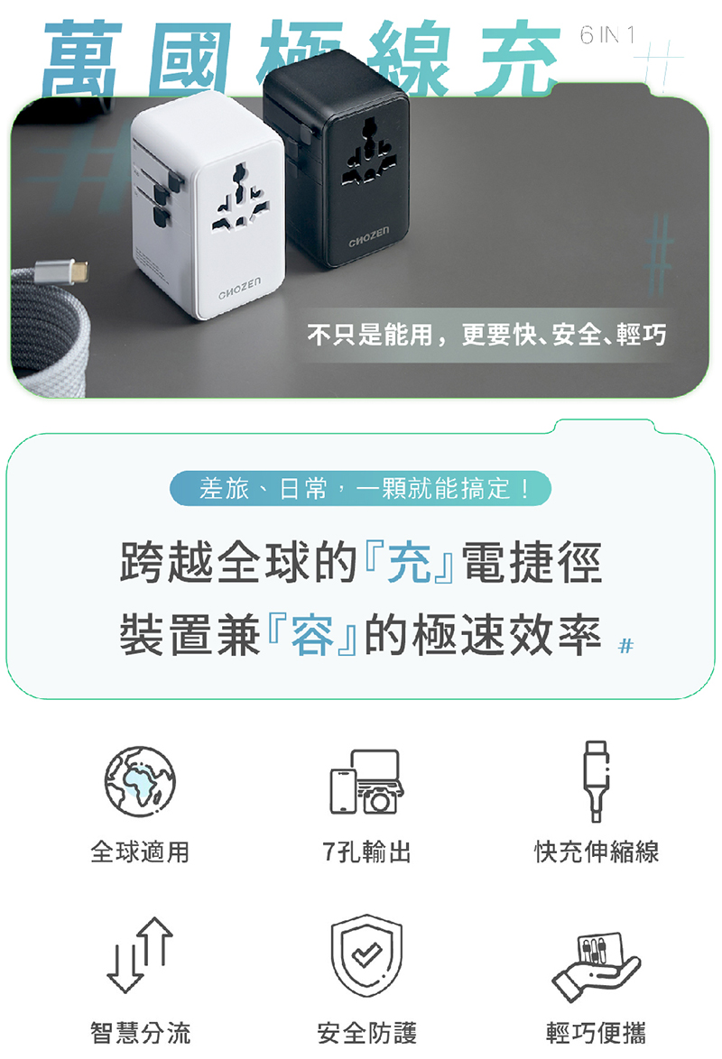 【CHOZEN】 PD70W氮化鎵 六合一快充萬國插座/附線 出國1顆搞定