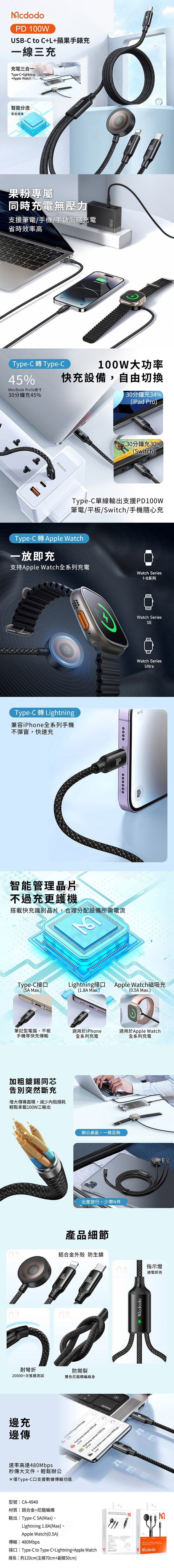 【MCDODO麥多多】PD 100W 一分三快充傳輸線(Type-C to Type-C+Lightning+Apple Watch)1.2M CA-4940
