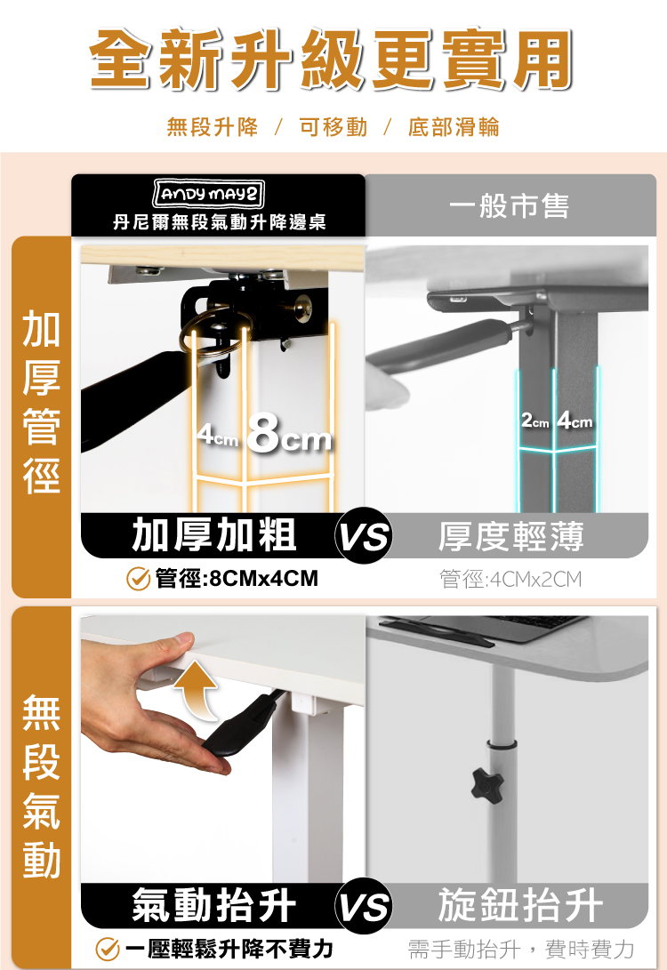 【ANDYMAY2】丹尼爾無段氣動升降邊桌80寬 經典款/折疊款(OH-K201)
