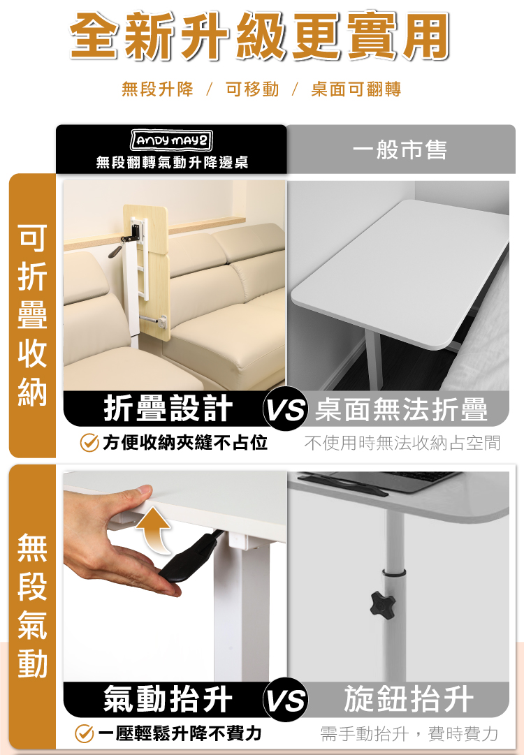 【ANDYMAY2】歐森無段翻轉氣動升降邊桌80寬 經典款/折疊款(OH-K209)