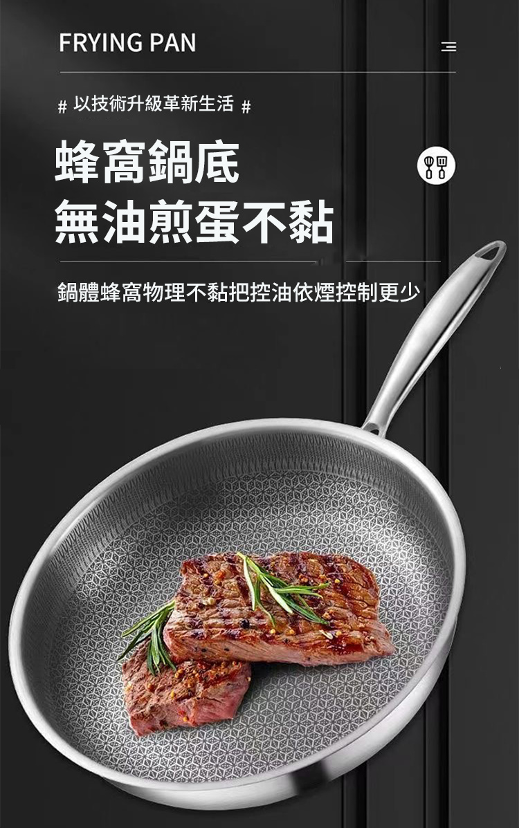 加厚不鏽鋼蜂窩紋平底鍋30cm