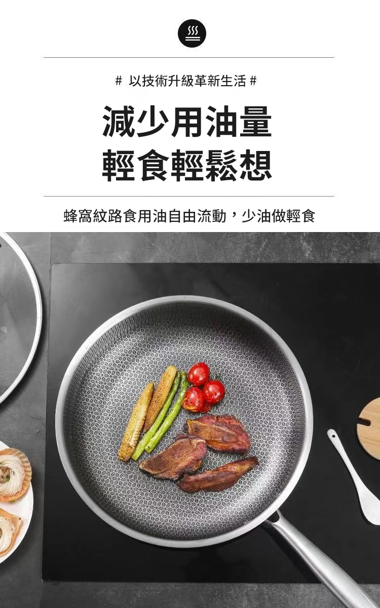 加厚不鏽鋼蜂窩紋平底鍋30cm