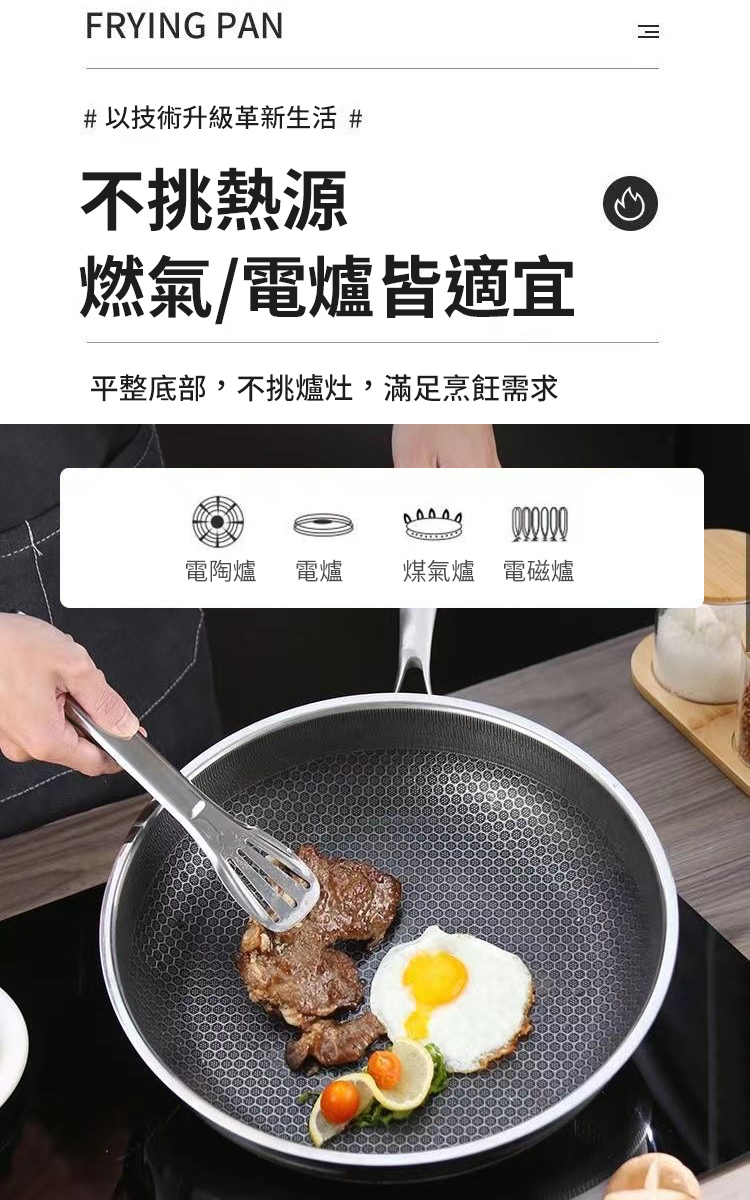 加厚不鏽鋼蜂窩紋平底鍋30cm