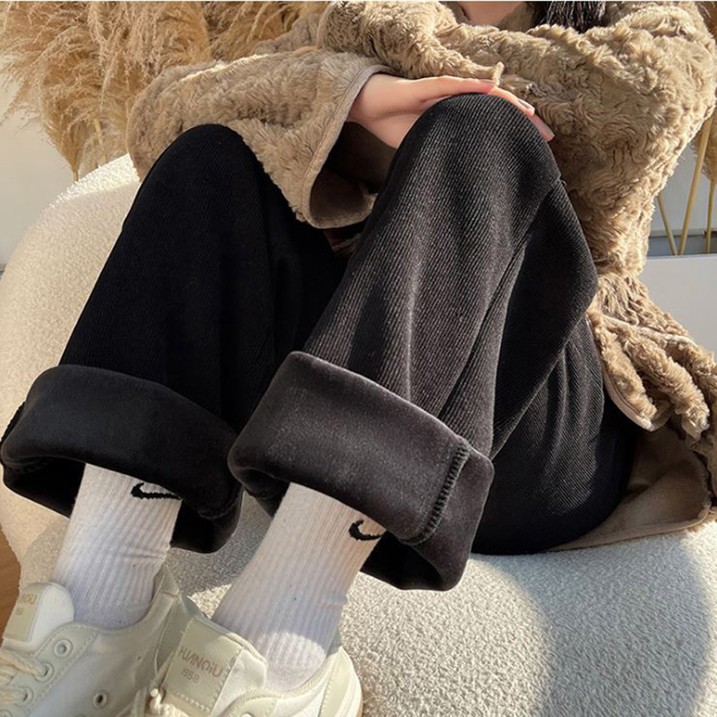 歐棉顯瘦百搭加絨直筒褲 S~XXL 40~72kgs 休閒女長褲垂感寬褲闊腿褲直筒褲保暖褲