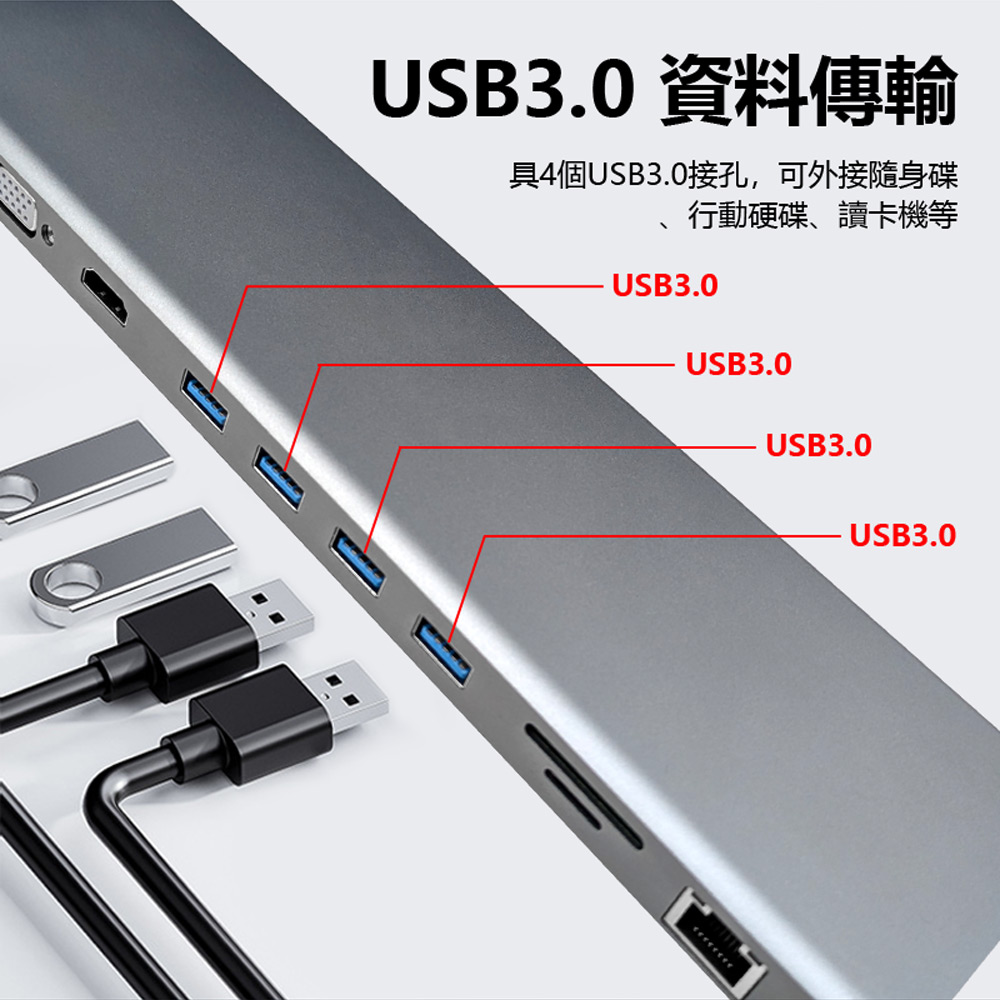 HUB-12 10IN1 Type-C接頭10合1集線器/充電器(USB3.0+HDMI+VGA+TF+SD+RJ45網路+Type-C供電孔)