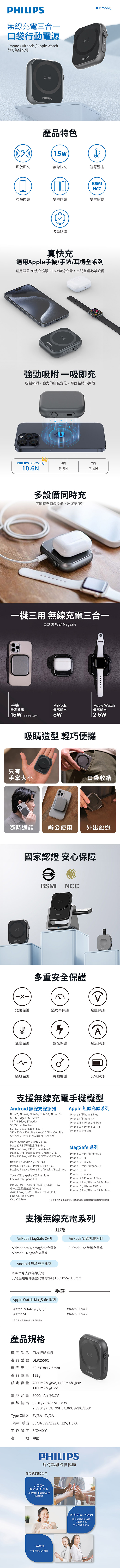 【Philips飛利浦】黑金剛 磁吸三合一 磁吸行動電源 DLP2556Q