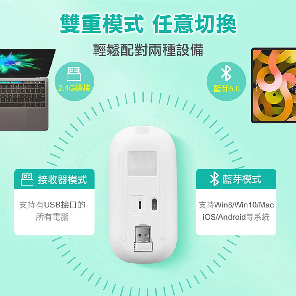 K-1 無線靜音滑鼠(三檔DPI 七彩燈效 按鍵靜音 USB充電 藍芽連線)