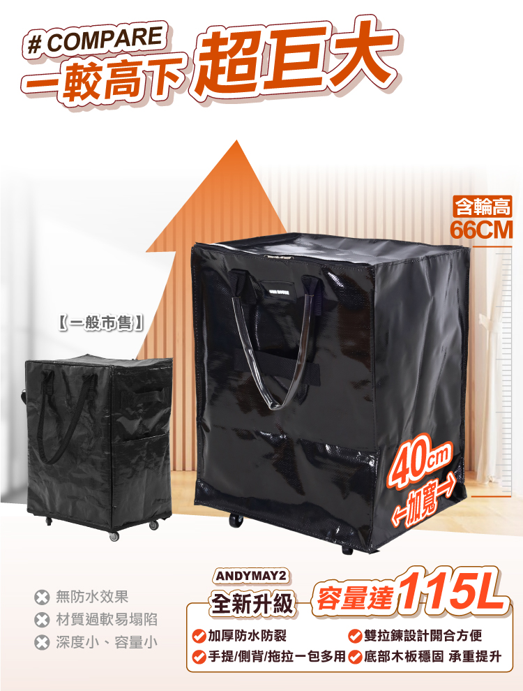 【ANDYMAY2】丹麥附輪超大容量手提防水折疊購物車(OH-Q329)