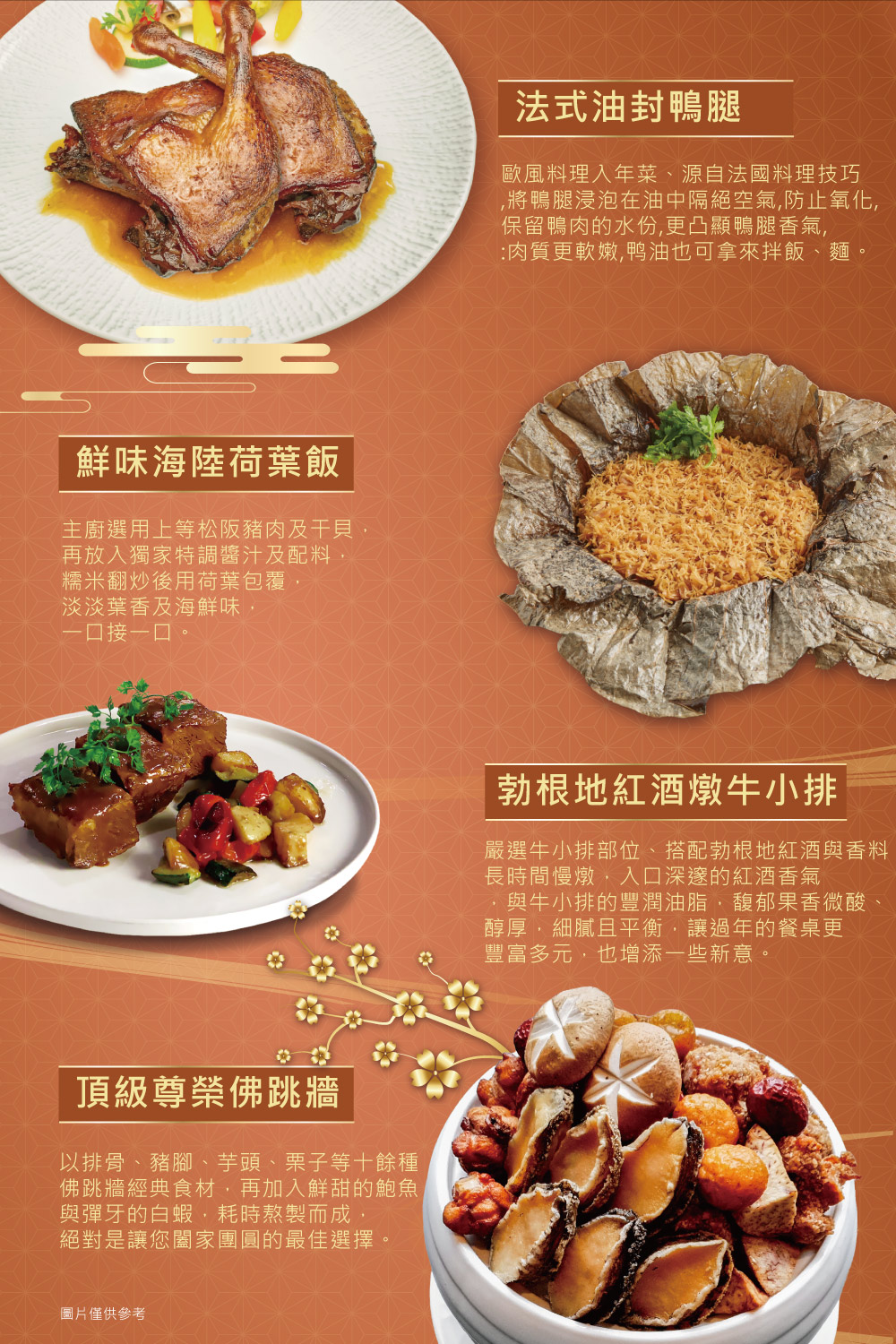 【中山招待所】頂級尊榮年菜 (頂級尊榮佛跳牆、勃根地紅酒燉牛小排、法式油封鴨腿、鮮味海陸荷葉飯) (約3-4人份)