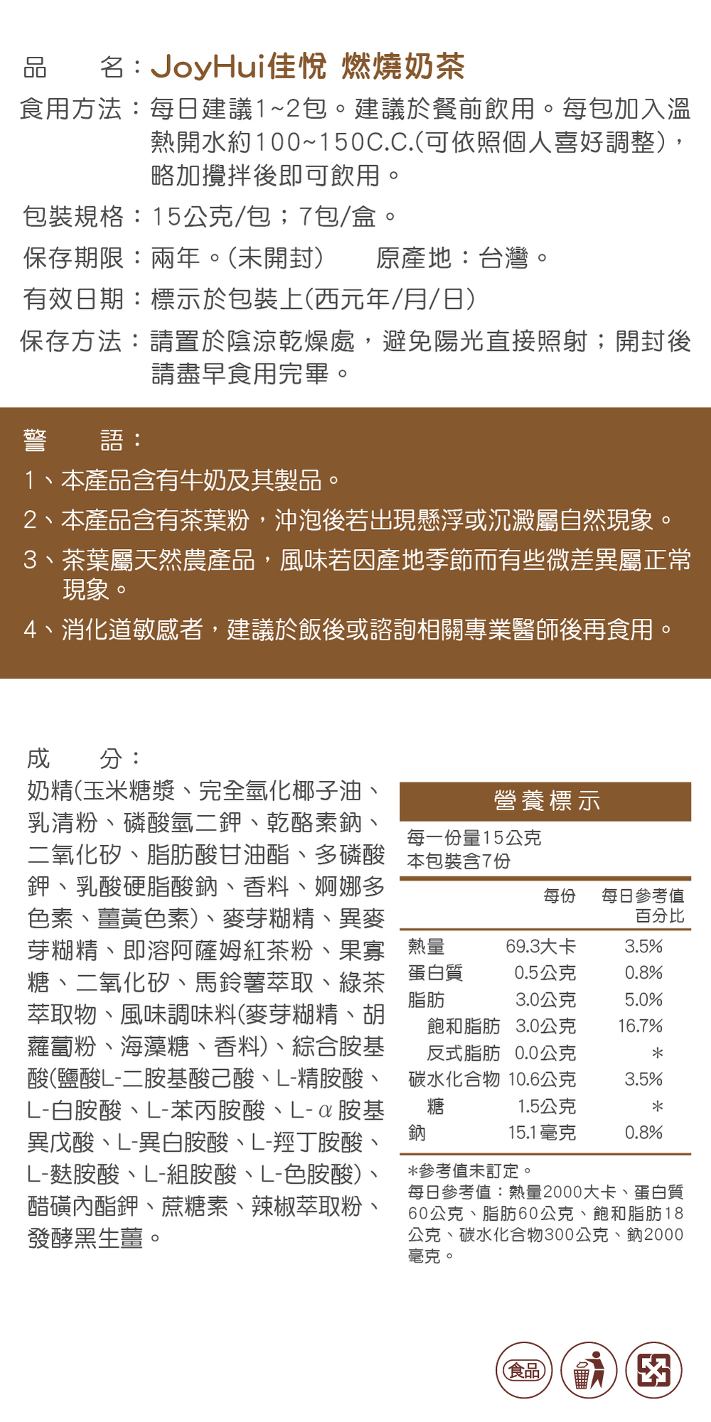 【JoyHui佳悅】燃燒奶茶 7包/盒(日本專利發酵黑生薑.膳食纖維)