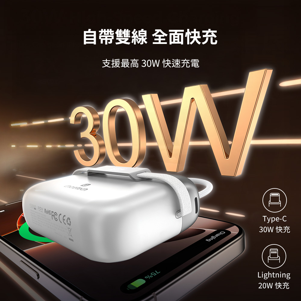 Choetech 小包充 30W PD快充自帶雙線 10000mAh 行動電源 (B812)