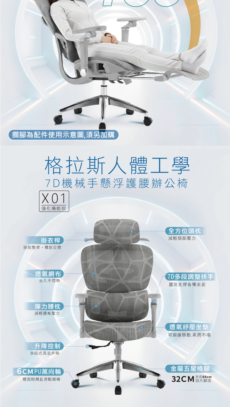【ANDYMAY2】格拉斯人體工學7D機械手懸浮護腰辦公椅-X01強化機能款(OH-K225)