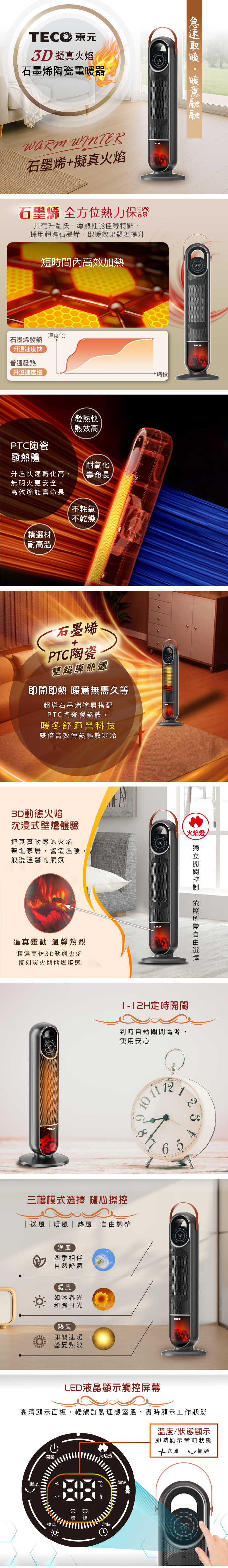 【TECO東元】3D擬真火焰石墨烯陶瓷電暖器/暖氣機/電暖爐(XYFYN3006CBB)