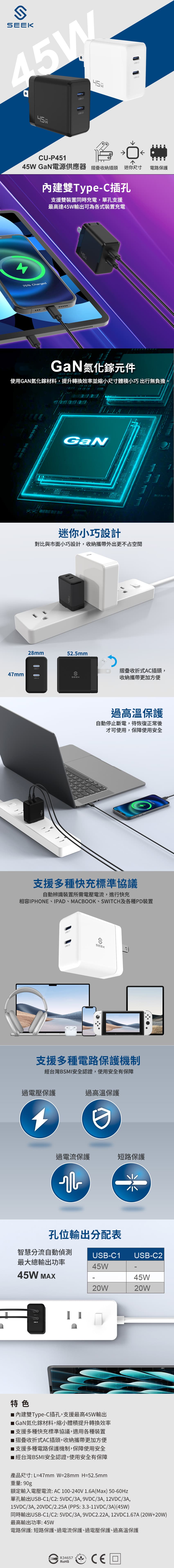 SEEK 45W GaN電源供應器/充電器(CU-P451)