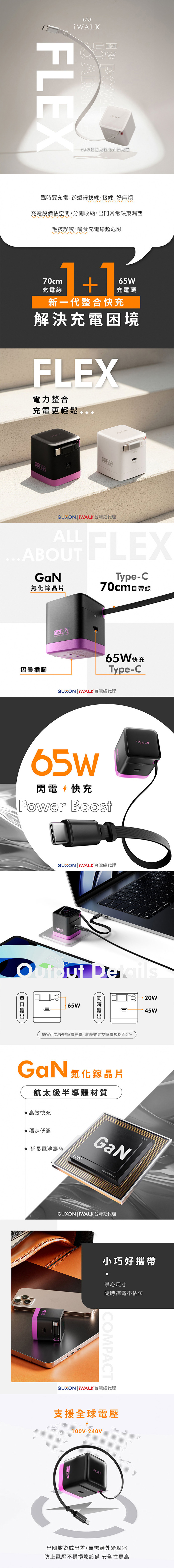 【iWALK】FLEX 隨拉充 65W 氮化鎵充電器 內建約70cm伸縮線