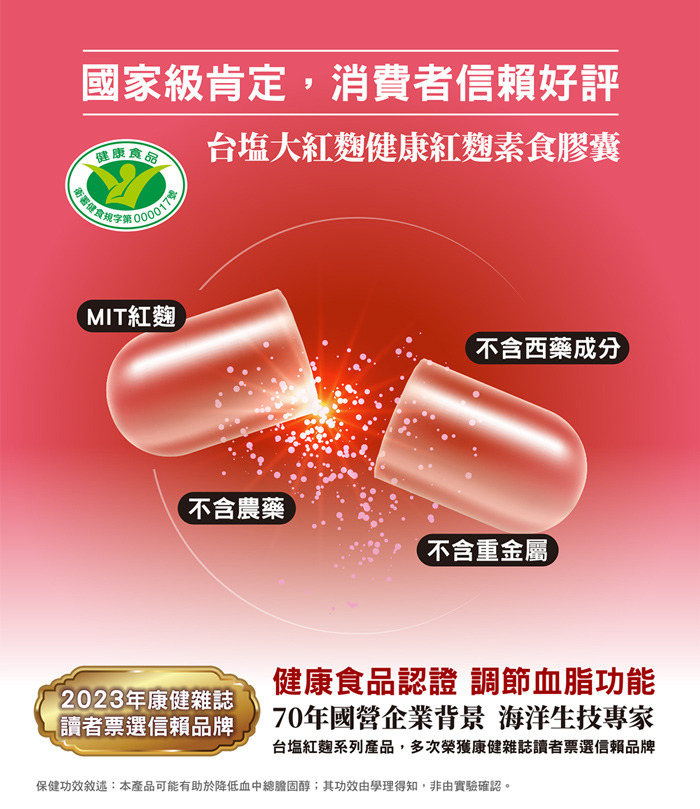 【台鹽生技】大紅麴(60粒/瓶) 紅麴素食膠囊 健康食品認證 助於調節血脂