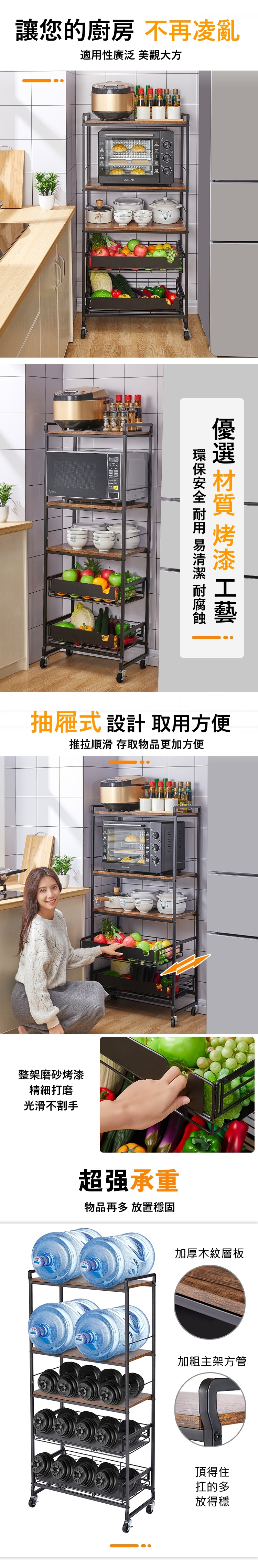       【MGSHOP】加大附輪廚房電器收納架(微波爐架烤箱架/五層款)