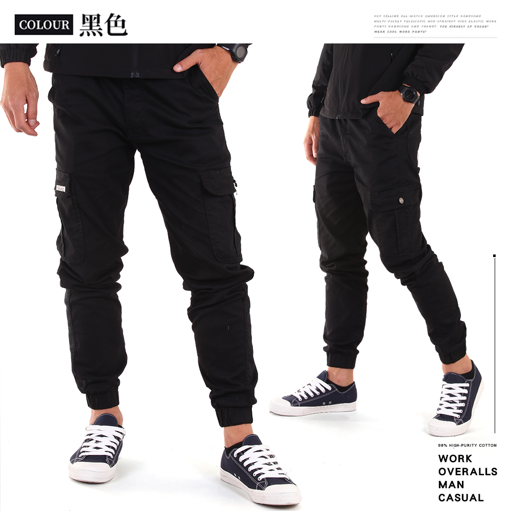 美式彈性透氣伸縮多口袋縮口褲 工作褲  M-3L 鬆緊腰設計 休閒褲