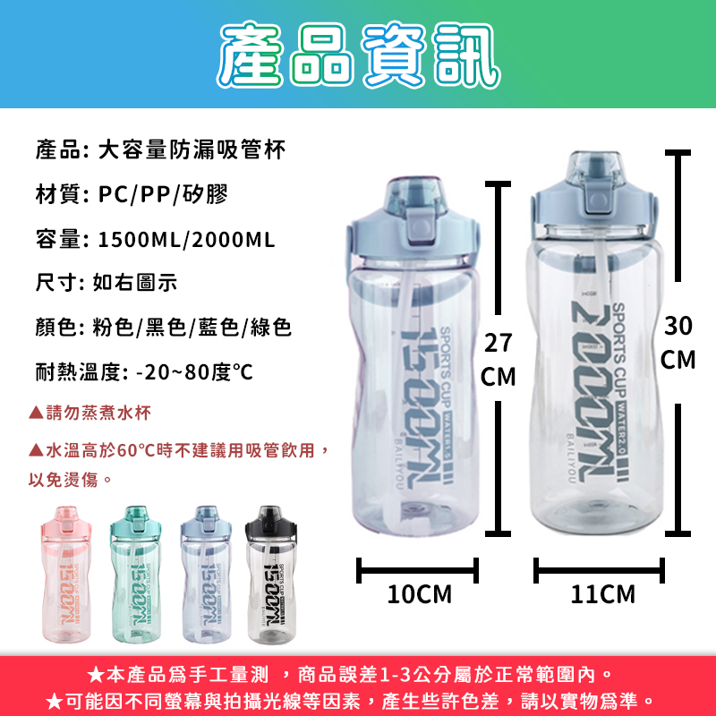 防漏吸管杯2000ML健身水壺 隨行杯 彈蓋水壺 大容量 (贈科技海綿)