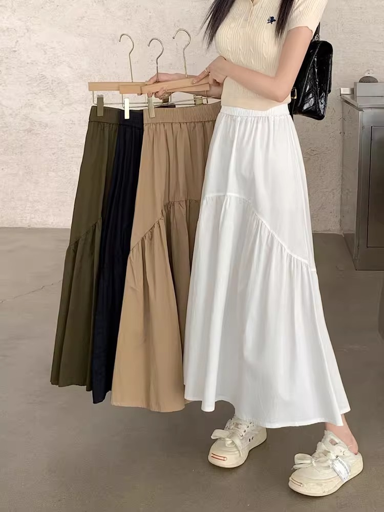 韓版時尚設計感褶皺拼接鬆緊腰長裙 M-XL 多色 