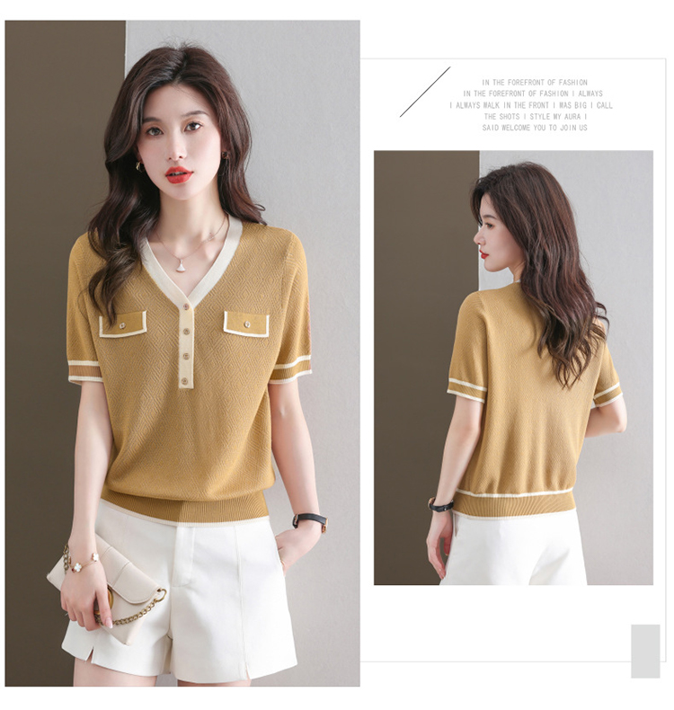 夏季針織女款短袖/V領衣/小香風金邊針織衫/V領拉鍊針織衣