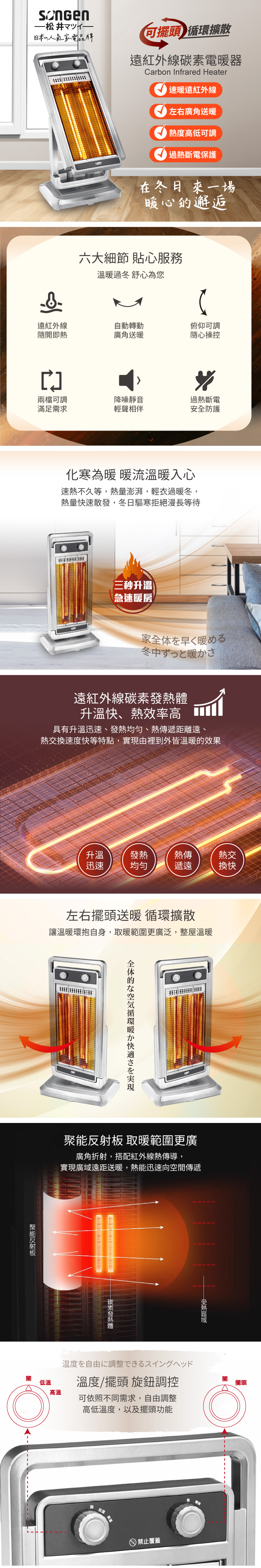 【SONGEN松井】日系遠紅外線可擺頭雙溫控碳素電暖器/暖氣機(SG-D1121TY)