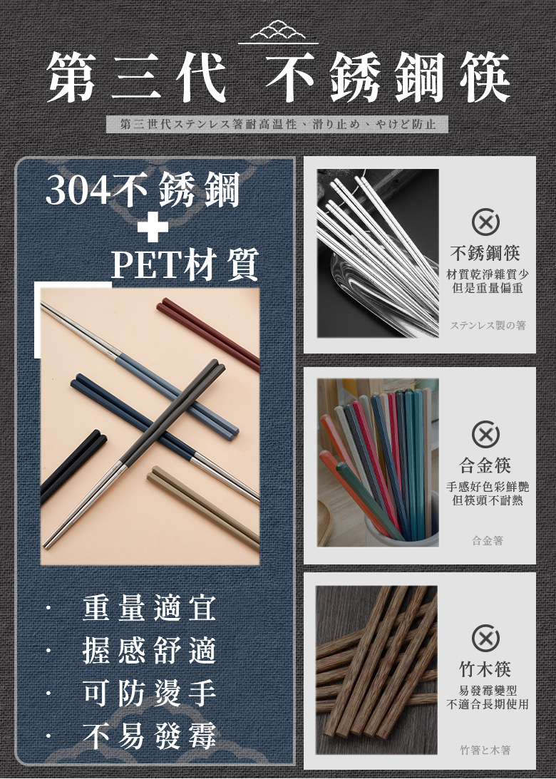日系六角止滑304不鏽鋼筷