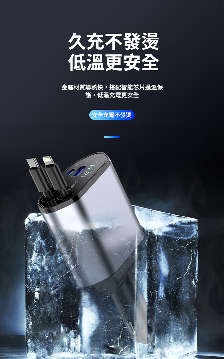 120W車載快充四合一伸縮線充電器