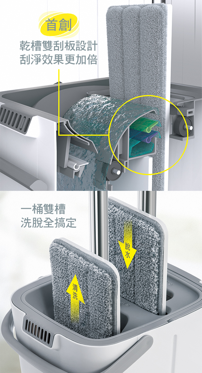 【福利品】妙潔 雙刮拖 免手洗雙槽乾濕兩用平拖組(共1桶1桿1布)