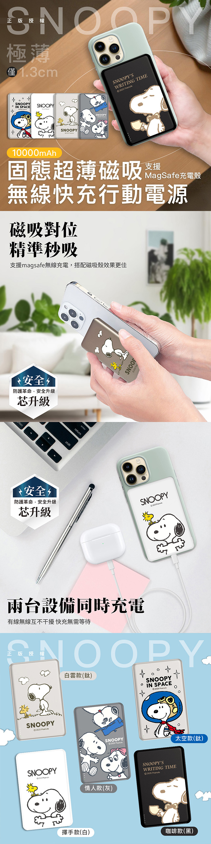 【正版授權】SNOOPY史努比 20W PD固態超薄磁吸無線快充行動電源 10000mAh